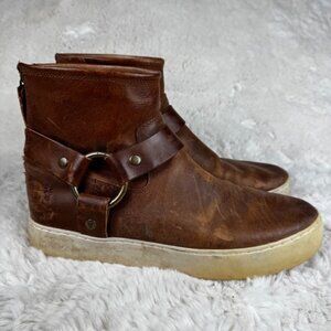 Frye Lena Harness Sneaker Booties Women’s Size 9M Cognac Brown Leather Back Zip